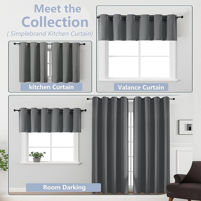 Simplebrand Light Grey Kitchen Valances for Windows 18 Inches Long 2 Pack, Room Darkening Window Valances for Living Room, Grommet Short Straight Drape Kitchen Curtains for Bedroom Kids Room, 40Wx18L