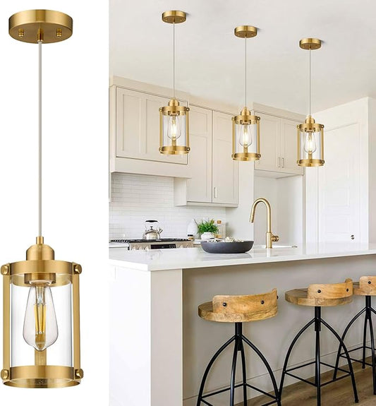 Brushed Gold Pendant Lights Kitchen Island, 1-Light Modern Brass Mini Hanging Light Fixtures with Clear Glass, Farmhouse Kitchen Pendant Lighting Over Island for Sink, OS-3014-1PBG