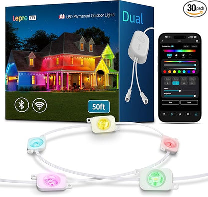 Lepro EE1 AI Permanent Outdoor Lights with Dual-Output, 50ft 30 LED RGB+IC Smart Outside Light for House Christmas Decor,Alexa Google Enabled 2.4 GHz WiFi/Bluetooth, APP Control No Remote Controller