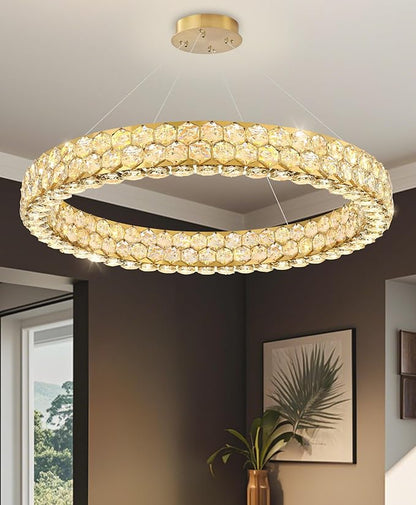 Modern Ring Chandelier, Crystal Chandeliers for Dining Room Round Ceiling Light Fixture for Living Room Bedroom Lighting LED Dimmable with Remote Ring Lights, 32inch Gold Light