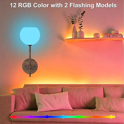 Walnut Grain Battery Operated Wall Sconces Set of 2, Rechargeable Wireless Wall Lights with Milky White Frosted Glass, 12 RGB and 3CCT Dimmable, Wall Lamps with Remote for Bedroom Living Room Hallway