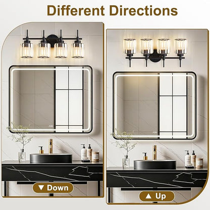 EJIAXIN 4 Light Round Crystal Vanity Lights, Modern Black Crystal Wall Light Bath Mirror Light Fixture Over Mirror Bathroom Wall Sconces for Bathroom Living Room