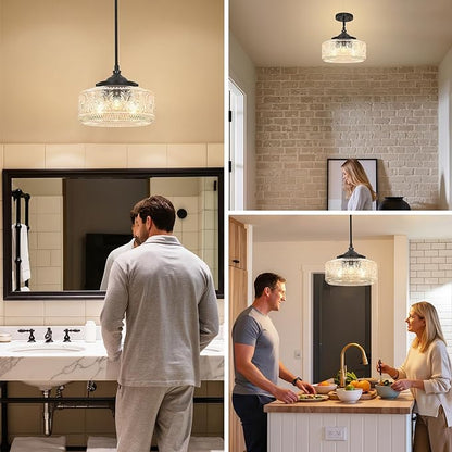 Modern 3 Lights Drum Pendant Light with Etched Glass Shade, Adjustable Height Black Pendant Lights Kitchen Island, Chandelier for Dining Room, Bedroom, Hallway, Bathroom, E12 Base, Bulbs Not Included