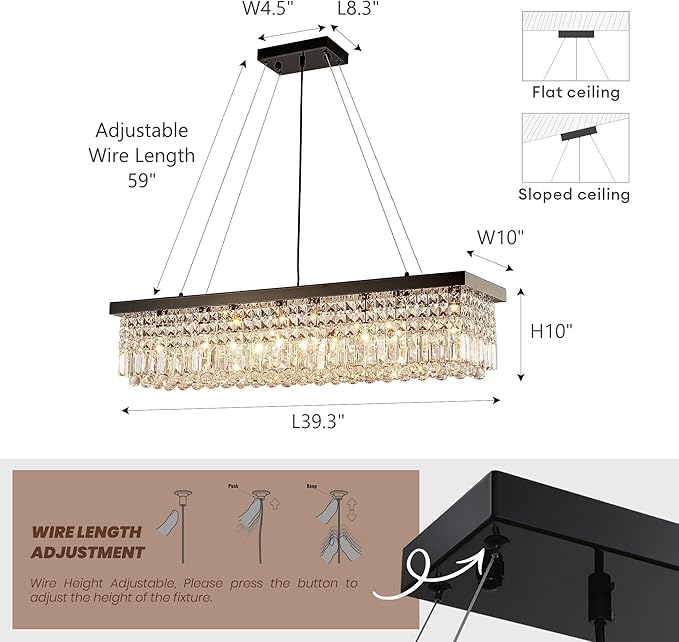 Modern Crystal Chandelier for Dining Room, 8-Light Black Rectangle Pendant Ceiling Light Fixture for Kitchen Island Bar, L40 x W10 x H10