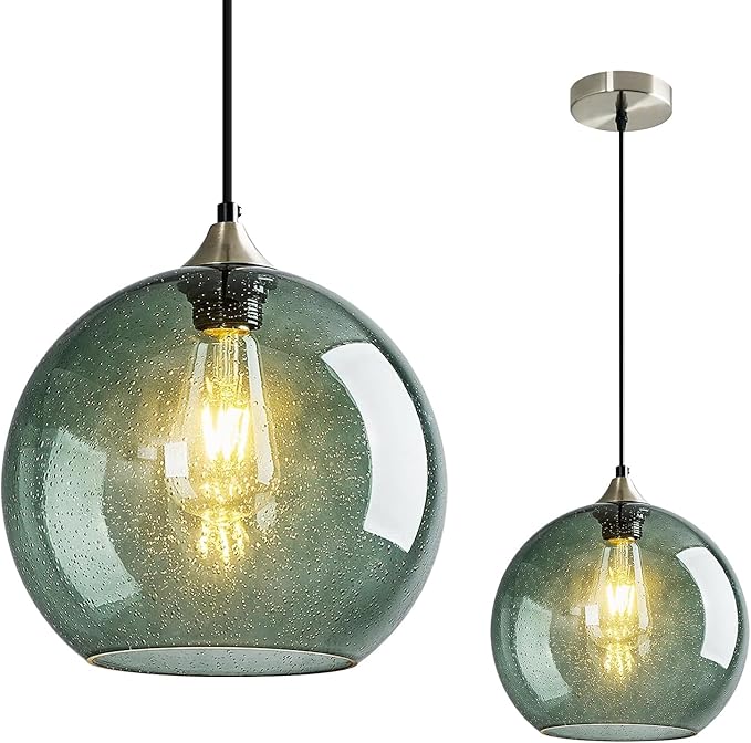 Mikeru Glass Globe Pendant Light Single, 9.85 Inch Gray Green Bubble Glass Hanging Lamp, Mid Century Modern Pendant Lighting for Kitchen Island Dining Room Bedroom (Bulb Not Included)