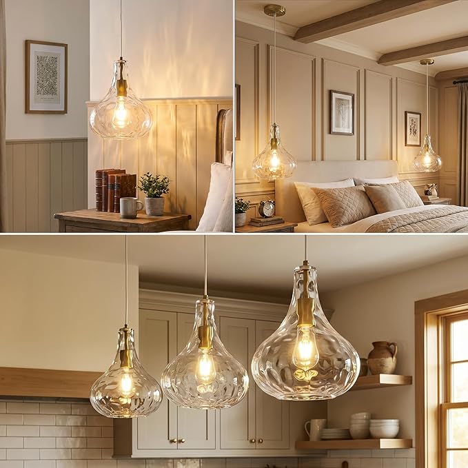 Modern Glass Pendant Light 9.44 in Clear Hammered Glass Shade Gold Farmhouse Island Pendant Lights for Kitchen Pendant Lighting Over Sink Bedroom Dining Room (1 Pack)