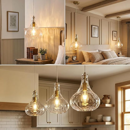Modern Glass Pendant Light 9.44 in Clear Hammered Glass Shade Gold Farmhouse Island Pendant Lights for Kitchen Pendant Lighting Over Sink Bedroom Dining Room (1 Pack)