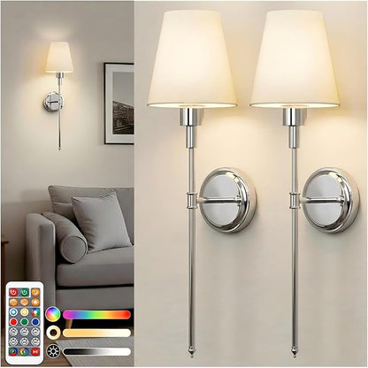 DORESshop Battery Operated Wall Sconce Set of 2, Wireless Wall Light Easy to Install, 7 Color Rechargeable Wall Sconces, Sconce Wall Decor Set of 2 for Bedroom, Living Room, Chrome, 24.6in