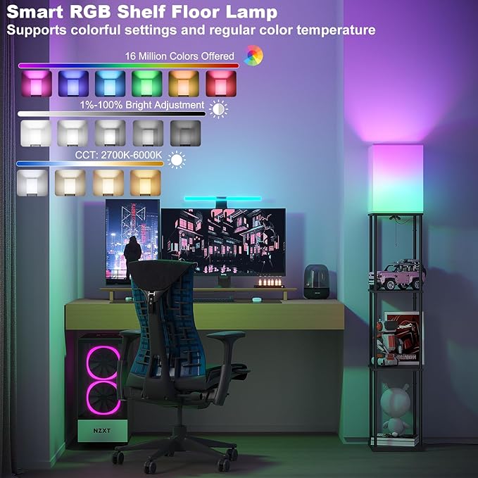 SUNMORY Floor Lamp with Shelves, Smart APP Control Standing Lamps with RGB Bulb, 4-Tier Dimmable Floor Lamps for Living Room, Tall Lamp for Bedroom, Office, Corner Display Bookshelf Lamp