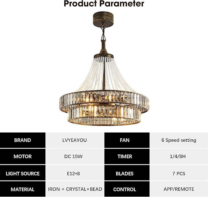 24“ Retro Crystal Chandelier Ceiling Fan with Lights, Remote & App Control, 6-Speed Reversible Large Fandelier, Double Layer Design for Bedroom, Living Room (Black Gold)