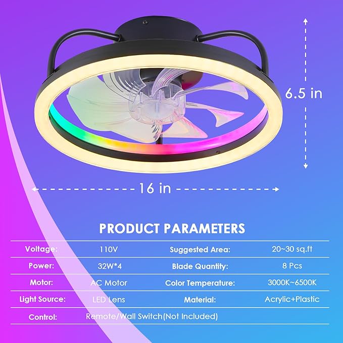 Mpayel Ceiling Fans with Lights and Remote, 16" Low Profile Ceiling Fan 3000-6000K Dimmable RGB Modern Flush Mount LED Fan Light, 6 Wind Speeds Black Ceiling Fans for Bedroom, Living Room
