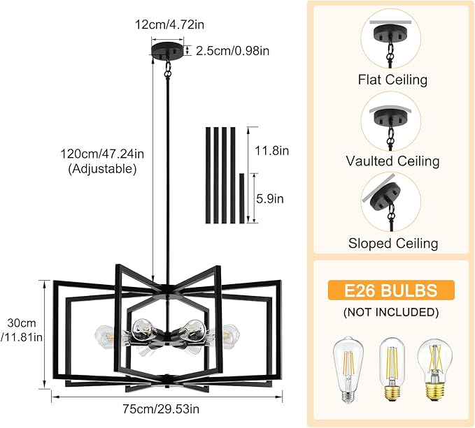 29.5” Chandeliers for Dining Room, 8-Light Dining Room Light Fixtures Over Table,Black Kitchen Table Light Fixtures,Dining Room Chandelier with Adjustable Height Rod