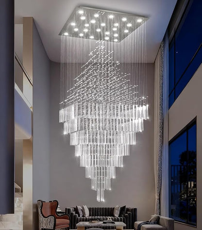 HAIXIANG W47 x H120 Luxury Crystal Chandelier with LED Bulbs Glam Raindrop High Ceiling Square Light Chandeliers for Entrance Large Villa Foyer Living Room Lighting Fixtures Silver