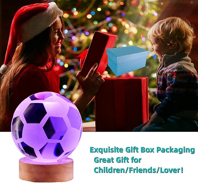 Soccer Crystal Ball Lamp,3.15 inch 3D K9 Crystal Ball Night Light with Wooden Base,Soccer Lamp Gift for Fans,Football Night Light,16 Colors Change with Remote Control (H)
