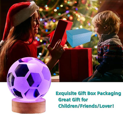Soccer Crystal Ball Lamp,3.15 inch 3D K9 Crystal Ball Night Light with Wooden Base,Soccer Lamp Gift for Fans,Football Night Light,16 Colors Change with Remote Control (H)