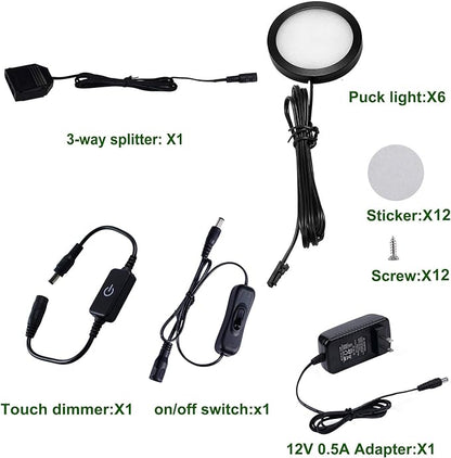 AIBOO Under Cabinet LED Black Cover Puck Lighting Kit with Touch Dimmer Switch for Kitchen Cupboard Closet Lighting (6 Lights,Daylight White)