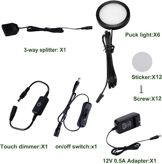 AIBOO Under Cabinet LED Black Cover Puck Lighting Kit with Touch Dimmer Switch for Kitchen Cupboard Closet Lighting (6 Lights,Daylight White)
