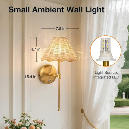 Battery Operated Boho Rattan Wall Sconce Set of 2, Stepless Dimming Magnetic Wall Lamp, 5200mAh Rechargeable Battery and Integrated LED, for Living Room Bedroom Hallway Corridor