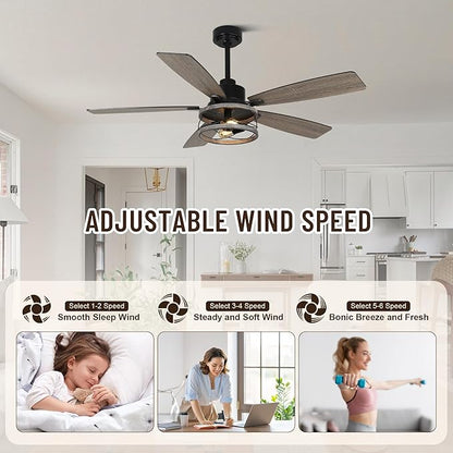 52'' Farmhouse Ceiling Fans with Lights and Remote,Chandelier Ceiling Fan with Reversible DC Motor,5 Double Colour Blades,Rustic Caged Ceiling Fan for Living Room,Dining Room,Bedroom
