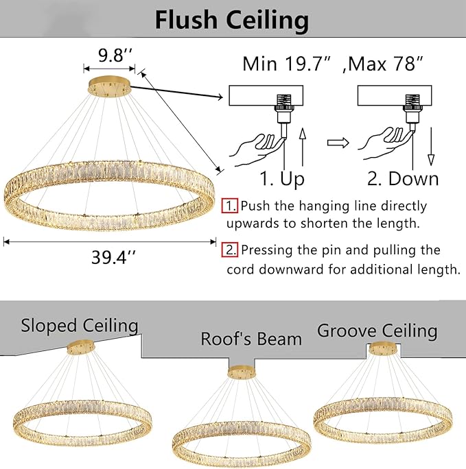 HAIXIANG Modern Crystal Chandelier Dimmable Large Ring LED Pendant Lights Adjustable Glam Chandeliers Lighting Fixtures for Dining Room Living Room Bedroom Gold Light