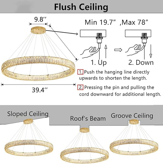 HAIXIANG Modern Crystal Chandelier Dimmable Large Ring LED Pendant Lights Adjustable Glam Chandeliers Lighting Fixtures for Dining Room Living Room Bedroom Gold Light