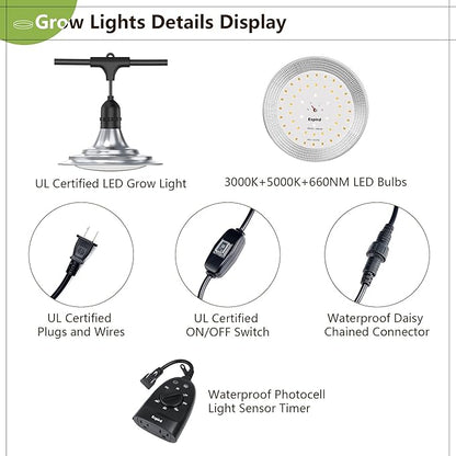 Outdoor LED Grow Light with Timer, 6-Bulbs Full Spectrum Grow Light Strip, Waterproof Plant Lamps, UL Certified String Grow Lights for Greenhouse Garden, 21.3FT Light for Veg Seedling Flower