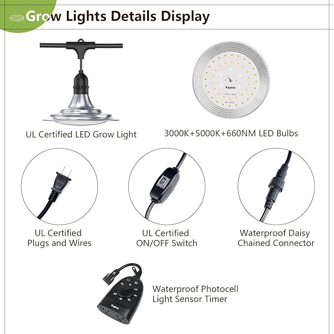 Outdoor LED Grow Light with Timer, 12-Light Full Spectrum Grow Light Strip, Waterproof Plant Lamps, UL Certified String Grow Lights for Greenhouse Garden, 41FT Light for Veg Seedling Flower