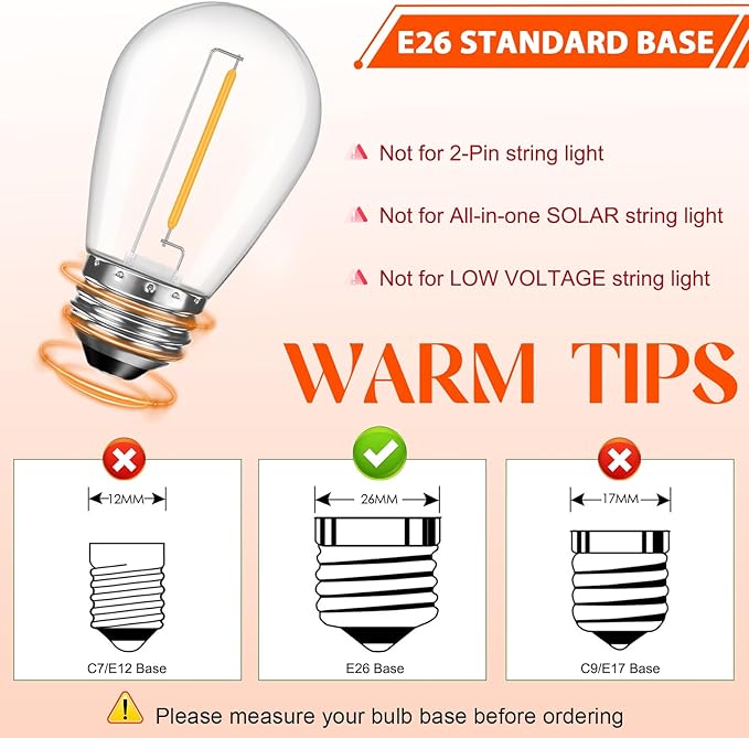 GvvooHome 64 Pack LED S14 Replacement Light Bulbs, Shatterproof 1W Vintage Edison Bulbs for Outdoor Patio Backyard String Lights, Dimmable, E26 Screw Base, 2200K Warm White