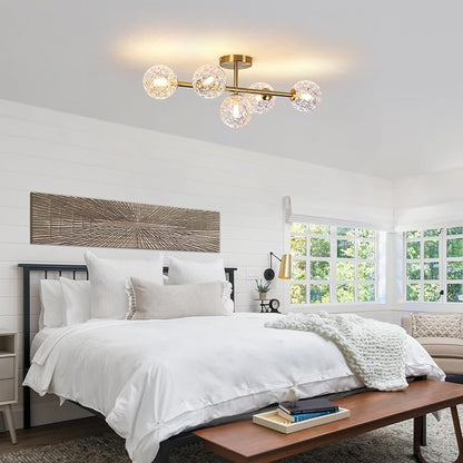 Gold Brass Globe Vanity Light - Vintage 5-Lights Wall Sconce - Sphere Round Lights Fixture with Stained Hammered Glass Shade - Mid Century Modern Sconces for Bathroom Bedroom Living Room Entry Porch