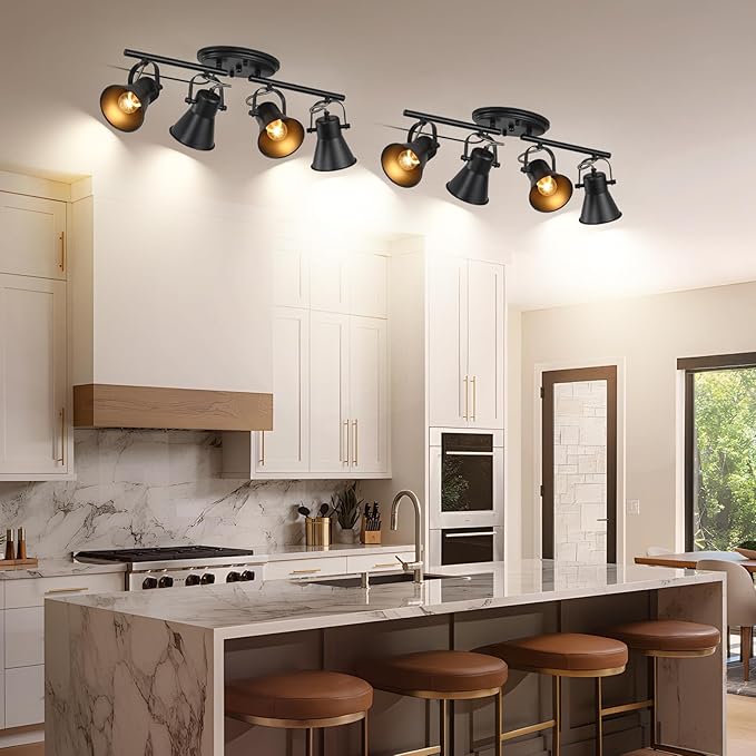 Modern Plug-in Ceiling Lighting,4 Light Track Lighting Fixtures, Industrial Black Kitchen Track Lighting Fixtures Ceiling for Kitchen, Living Room, Dining Room, Hallway.