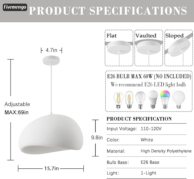 15.7in Wabi Sabi Pendant Light, Kitchen Island Lighting Fixture Ceiling Mount Japanese Lamp Japandi Chandelier for Dining Living Room Hallway Bedroom Restaurant Hanging Lamp, White 1 Pack