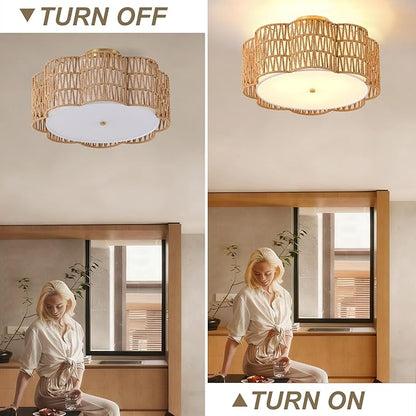 17.7" Rattan Ceiling Light Flush Mount, 3-Light Boho Close to Ceiling Light Fixtures, Rattan Bedroom Ceiling Light Farmhouse Large Drum Chandelier for Dining Room Kitchen Hallway(3-Tier Yellow)