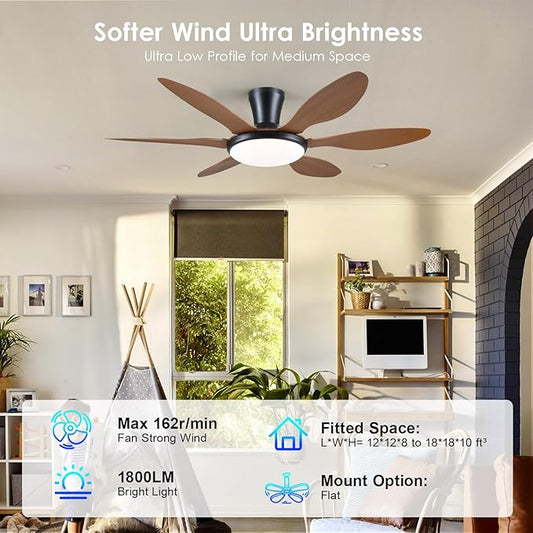 Ceiling Fans with Lights, 51 inch Modern Low Profile Ceiling Fan with Light and Remote App Control, Flush Mount, Quiet DC Reversible, Dim Led Ceiling Fan 6 Blade Softer Wind Indoor/Outdoor Patio Brown