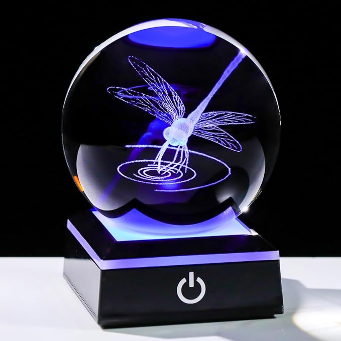 Arikyrist 3D Dragonfly Crystal Ball Figurine with LED Base, Dragonfly Gifts for Men Women on Christmas Birthday, Glass Statue Glass Animals Insect Sphere Decorative Ball for Home Decor (80mm)