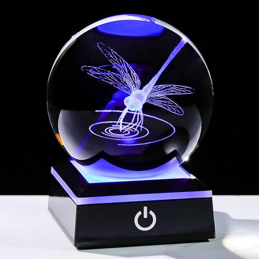 Arikyrist 3D Dragonfly Crystal Ball Figurine with LED Base, Dragonfly Gifts for Men Women on Christmas Birthday, Glass Statue Glass Animals Insect Sphere Decorative Ball for Home Decor (80mm)