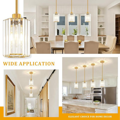 2-Pack Brushed Gold Pendant Lights Kitchen Island Modern Crystal Hanging Pendant Light Hexagonal Mini Chandelier Adjustable Hanging Kitchen Lights for Dining Room Hallway Bedroom Entryway Pendant Lamp