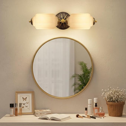 Vintage Bathroom Vanity Light - 2-Light Milk Glass Sconce with Antique Brass Finish & White Shade, Wall Sconce Lighting for Bathroom Mirror, Hallway, Living Room, Bedroom