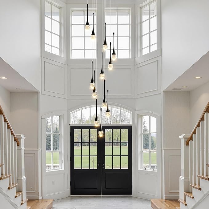 Raindrop Crystal Chandelier High Ceiling: 12 Lights Dimmable LED With Remote - Large Long Modern Bubble Hanging Pendant Light Fixture Spiral Chandeliers for Living Room Staircase Entryway Foyer Black
