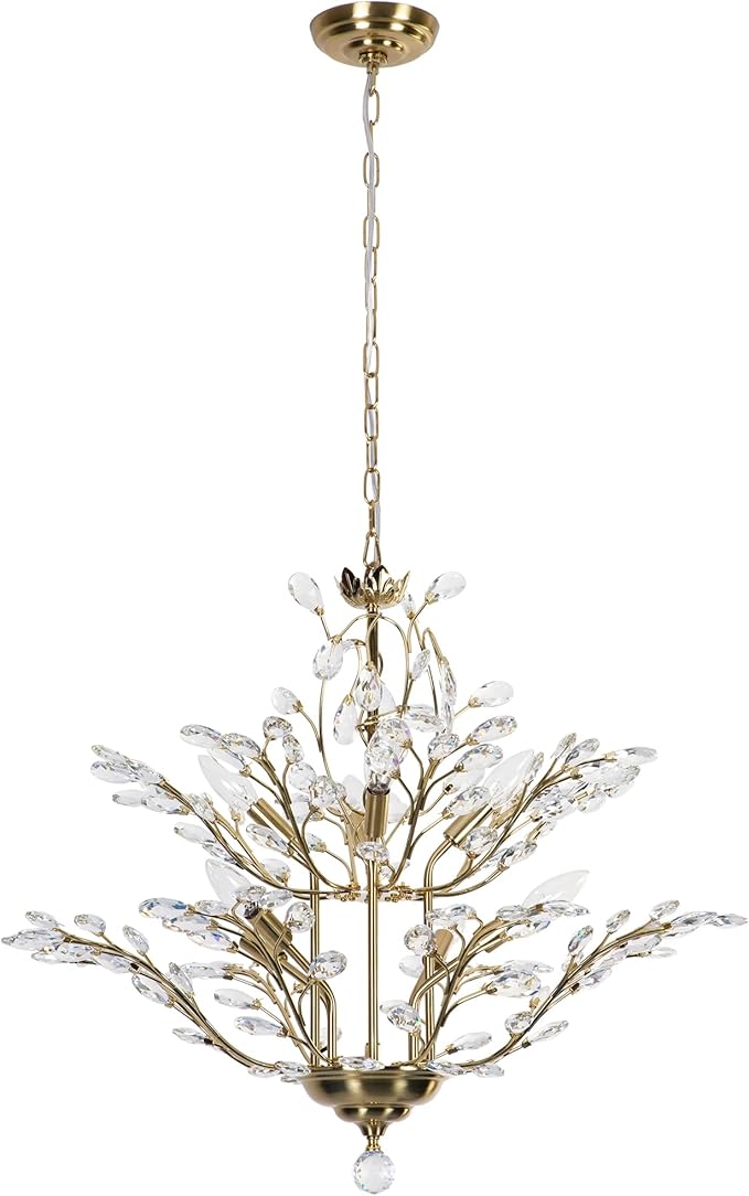 Maxax 27.5" Modern Gold Crystal Chandelier, Tree Branch Pendant Light Fixture, Elegant Ceiling Lighting for Dining Room Living Room Bedroom