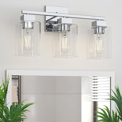 Chrome Bathroom Vanity Light - 3 Light Bathroom Light Fixture Square Design & UL Certification, Bath Room Lighting Fixtures Over Mirror, Modern Vanity Lighting Fixture for Living Room