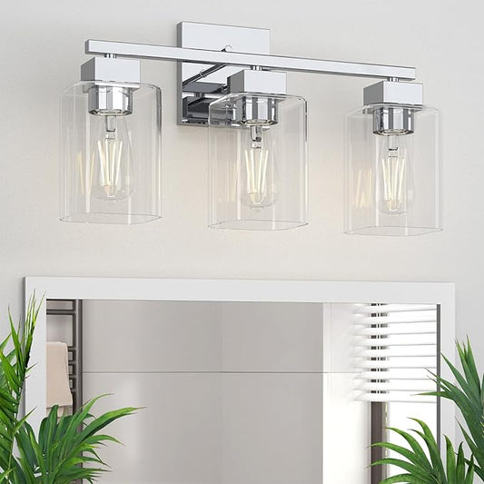 Chrome Bathroom Vanity Light - 3 Light Bathroom Light Fixture Square Design & UL Certification, Bath Room Lighting Fixtures Over Mirror, Modern Vanity Lighting Fixture for Living Room