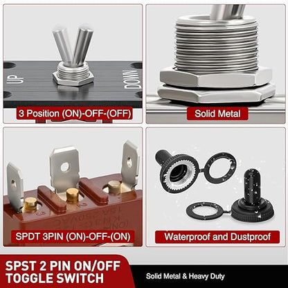 Nilight Heavy Duty Momentary Toggle Switch Waterproof 3 Pin 3 Position (ON)-Off-(ON) SPDT 12V DC 30A with Up-Down Mounting Panel and Weatherproof Cap Cover for Auto Car Marine Boat Automotive