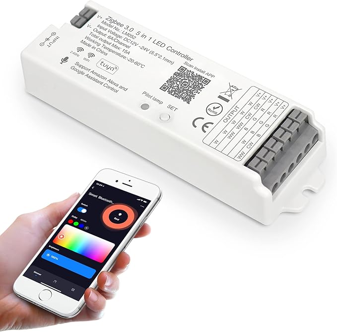LM052 ZigBee 3.0 LED Strip Controller RGB CCT RGBW 5in1 Dimmable Compatible with Smart Life APP/Alexa Echo/Google Assistant Home/Siri, DC12-24V Lights Controller（Require ZigBee Hub）