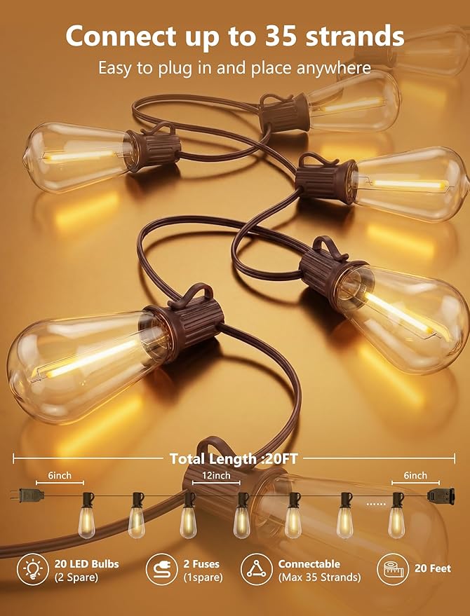 20FT ST40 LED Outdoor String Lights, Vintage Edison Patio Lights with 22 Shatterproof Bulbs, Waterproof Hanging Outdoor Lights for Backyard Porch Deck Bistro Garden, Warm White 2700K, Brown Wire