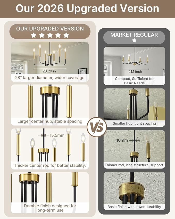 Yunnix Black and Gold Chandelier 6-Light Modern Pendant Hanging Light Fixture for Dining Room, Bedroom Pendant Ceiling, Foyer Entryway, Kitchen Island