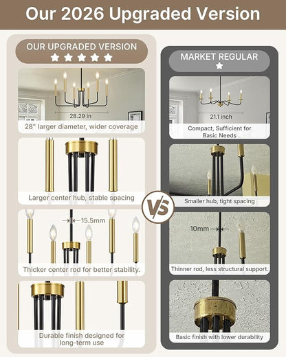 Yunnix Black and Gold Chandelier 6-Light Modern Pendant Hanging Light Fixture for Dining Room, Bedroom Pendant Ceiling, Foyer Entryway, Kitchen Island