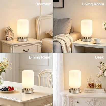 LightRound Cordless Table Lamp for Bedroom, 7500mAh Rechargeable Small Battery Lamp, Modern Touch Dimmable Wireless Lamp Brushed Nickel Base White Glass Shade for Living Room, Desk, Led Bulb Included