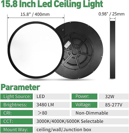 15.8 Inch Black LED Flush Mount Ceiling Light, 32W, 3480LM, 3000K/4000K/6000K CCT Selectable, Round Flat Panel Light Fits Hallways, Kitchens, Bedrooms, Laundry Rooms