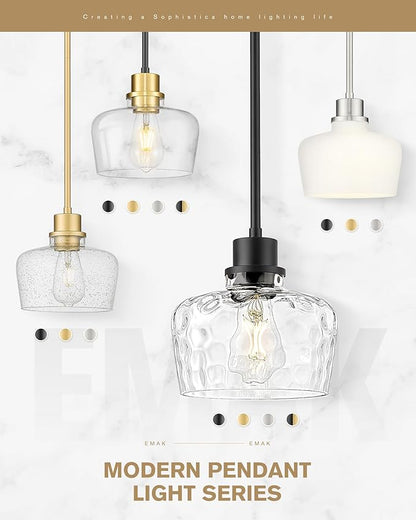 Emak Modern 8 Inch Pendant Lights Kitchen Island, Black and Gold Pendant Light Fixtures with Hammered Glass Shade, Farmhouse Island Lights for Kitchen, Dining Room, Bathroom, PL122-BKBGD-HG