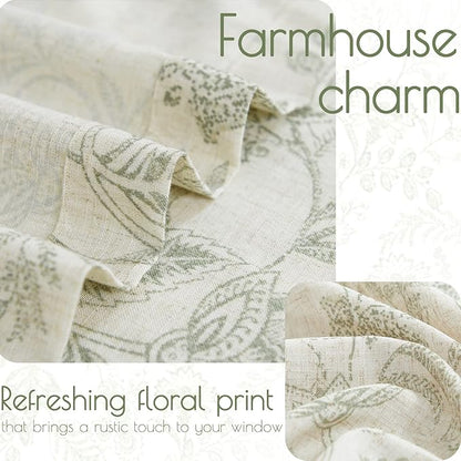 jinchan Floral Kitchen Curtains for Windows 30 Inch Farmhouse Linen Blend Tier Curtains Light Filtering Botanic Small Window Drapes for Bedroom Living Room Rod Pocket 2 Panels Sage Green on Beige